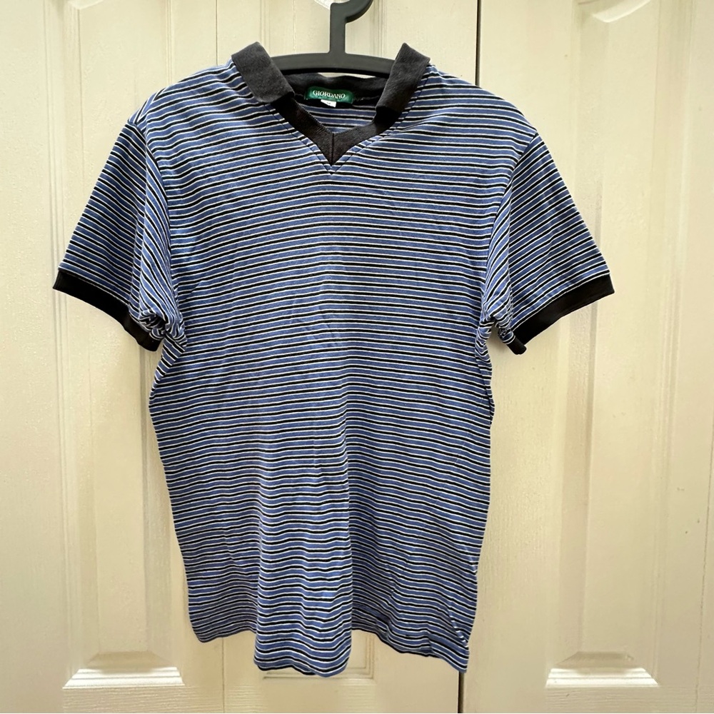 Vintage Giordano Men's Striped Polo V Neck Shirt - Blue and Black M